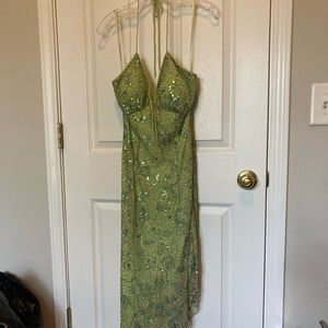Sage Green Beaded Sequined Dress Gown Small